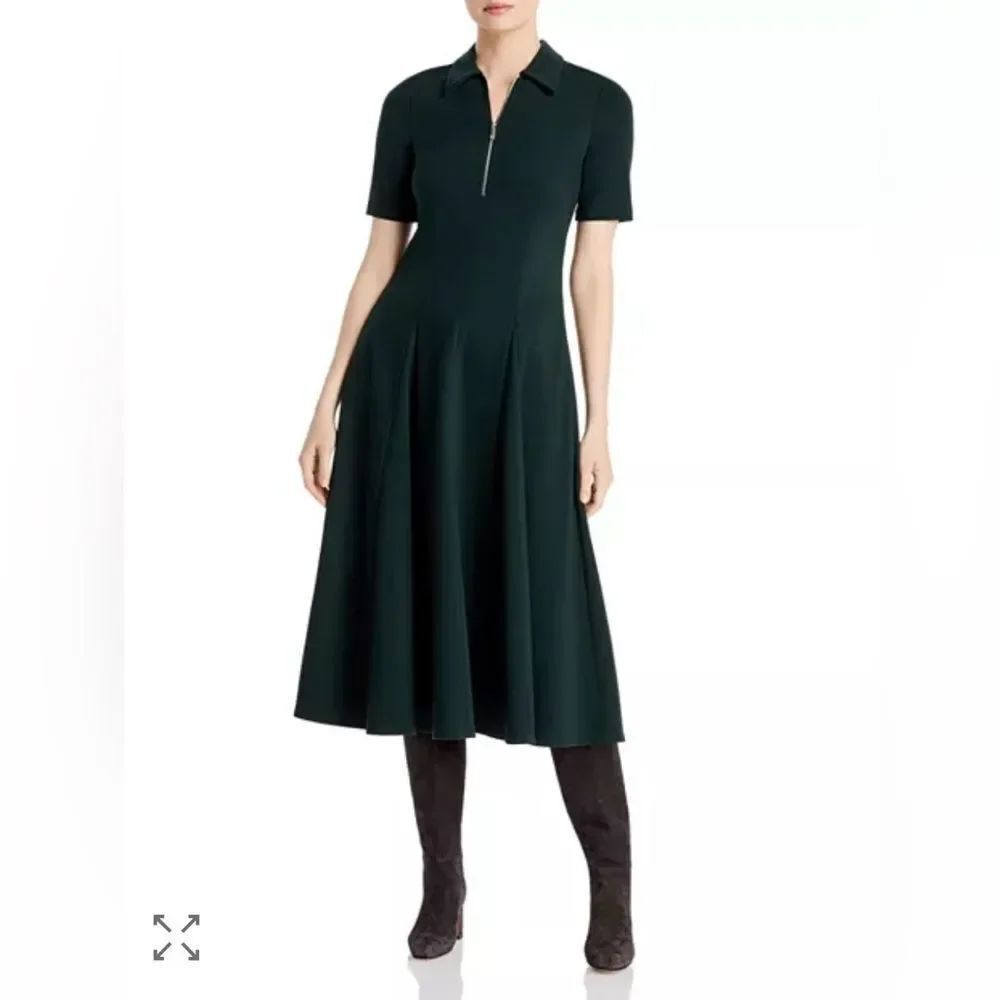 Lafayette 148 New York Fallon Midi Dress Short-Sleeve Zip Polo Dark Green Sz 8